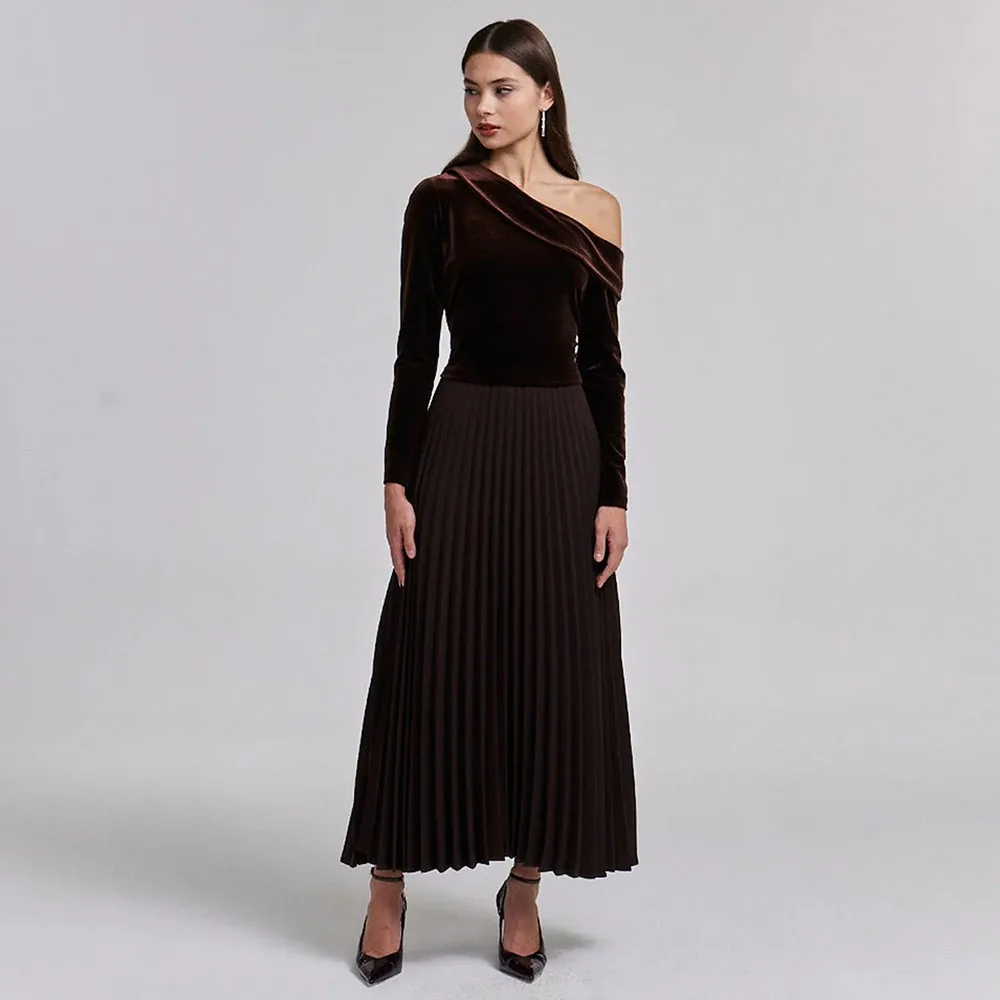 

Vanessa Asymmetric Off the Shoulder Evening Dress Women Customized Velour Long Sleeves Pleats Chiffon Ankle Length Party Gowns