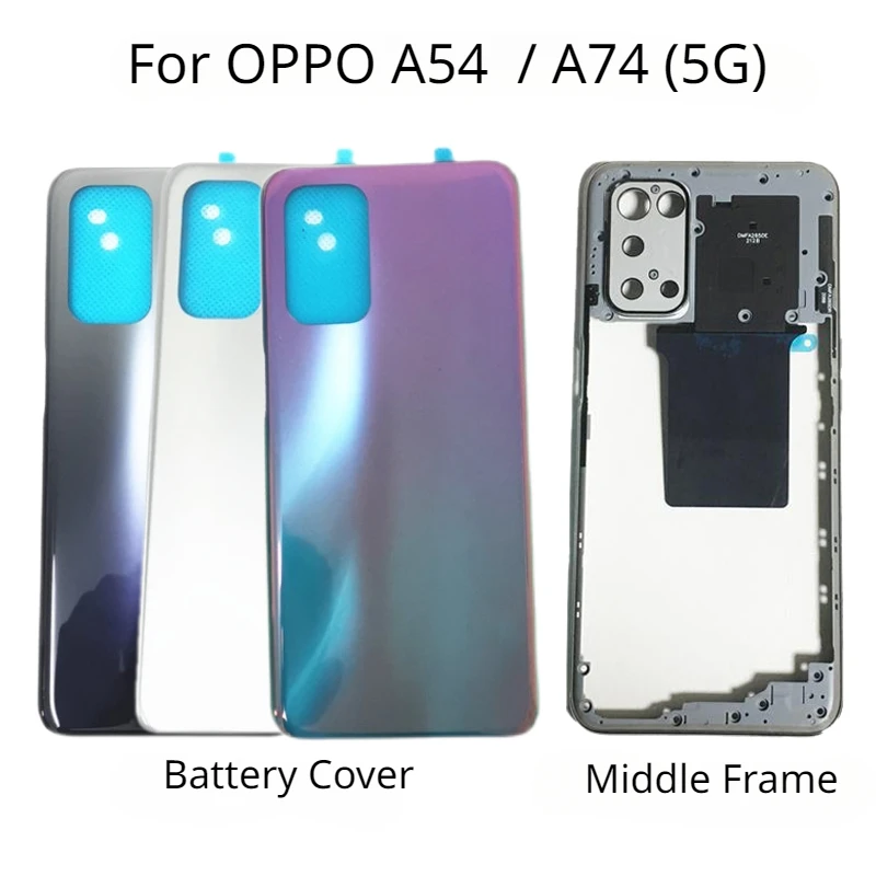 Penutup belakang baru untuk OPPO A54 A74 5G, sarung pelindung baterai pintu belakang + rangka tengah dengan suku cadang perbaikan lensa bingkai kamera