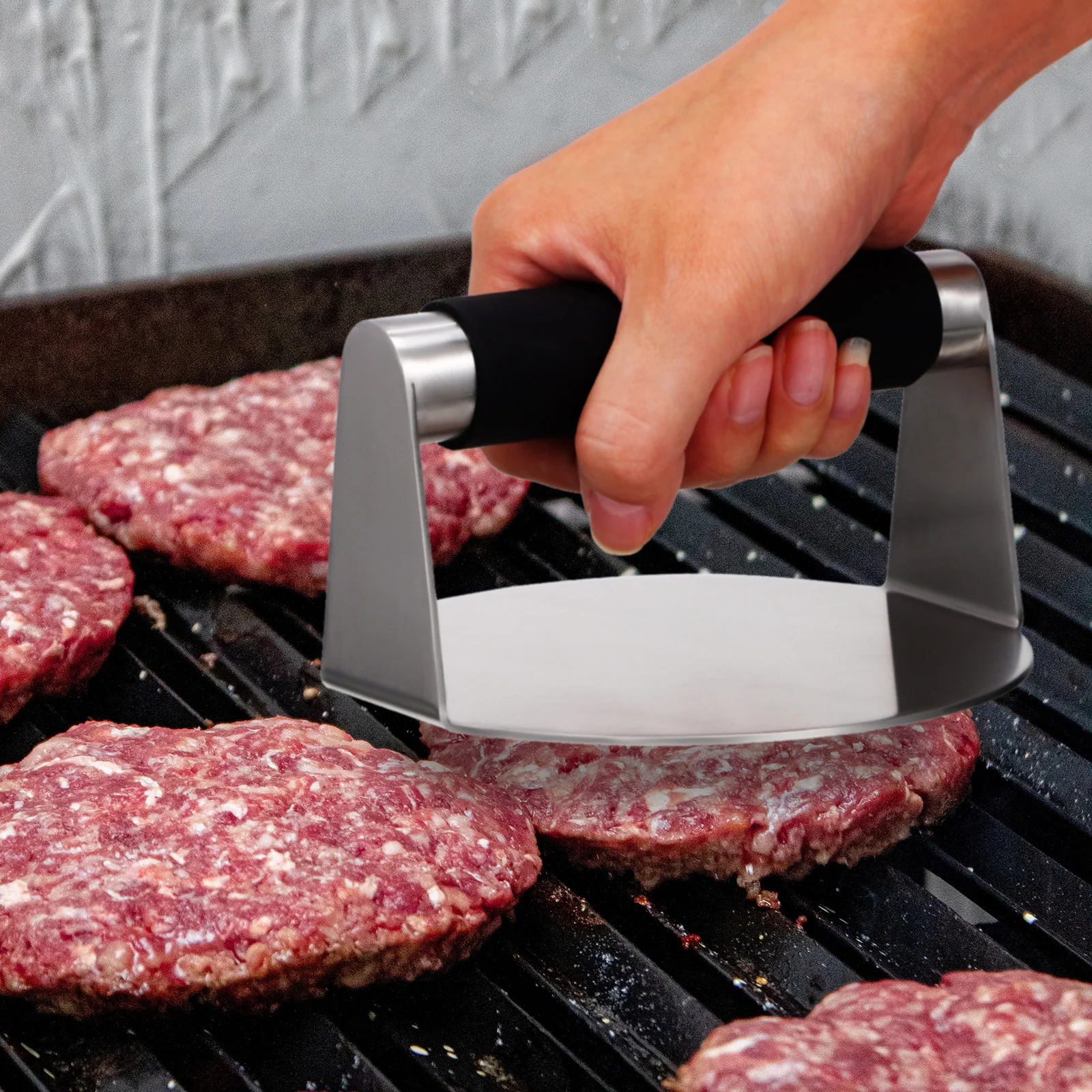 

s Stainless Steel Hamburger Press Meat Squeezer Silicone H Non Slip For Griddle Grill Cooking Easy Clean BBQ Tools Black R om