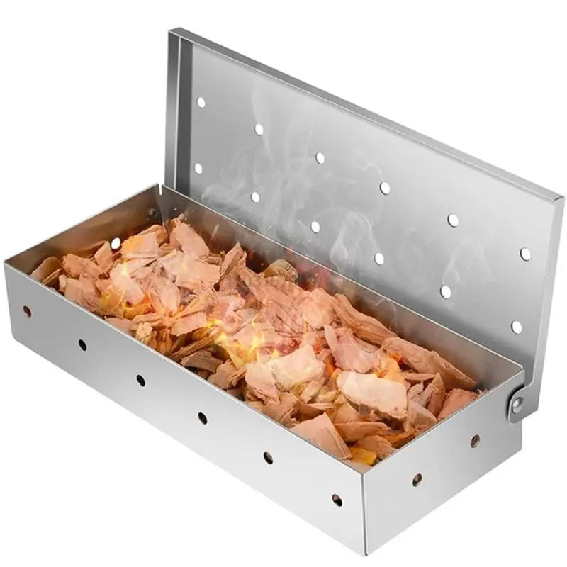 

ABJI-For Indoor Outdoor BBQ Smoker Box Stainless Steel Charcoal Gas Barbecue Wood Chip For Grill Meat Smoke Flavor Infusion