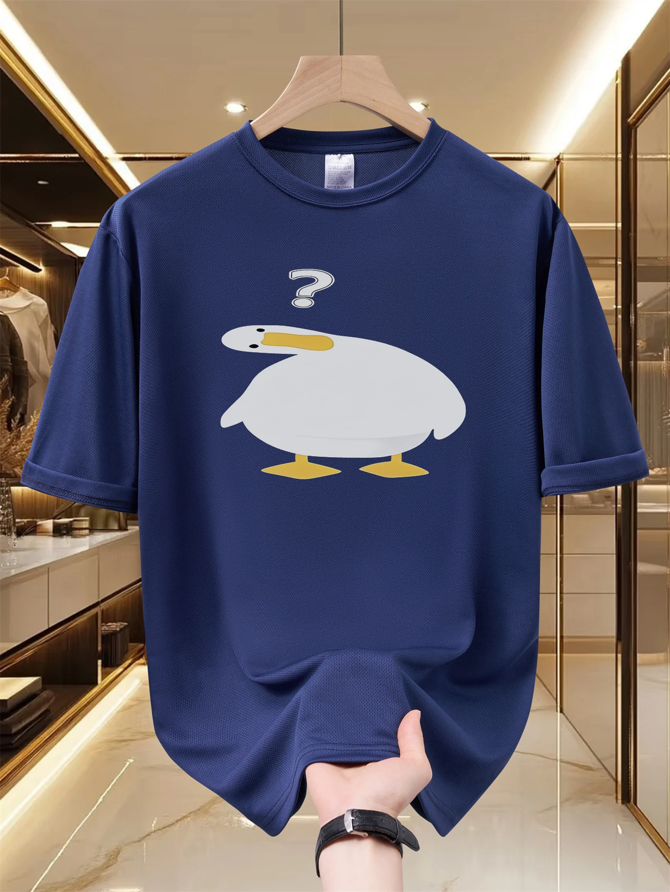 Men's Funny Confused Duck With Question Mark Print T Shirt Summer Quick Dry Navy Short Sleeve Tee Cute Cartoon Animal Stretwear