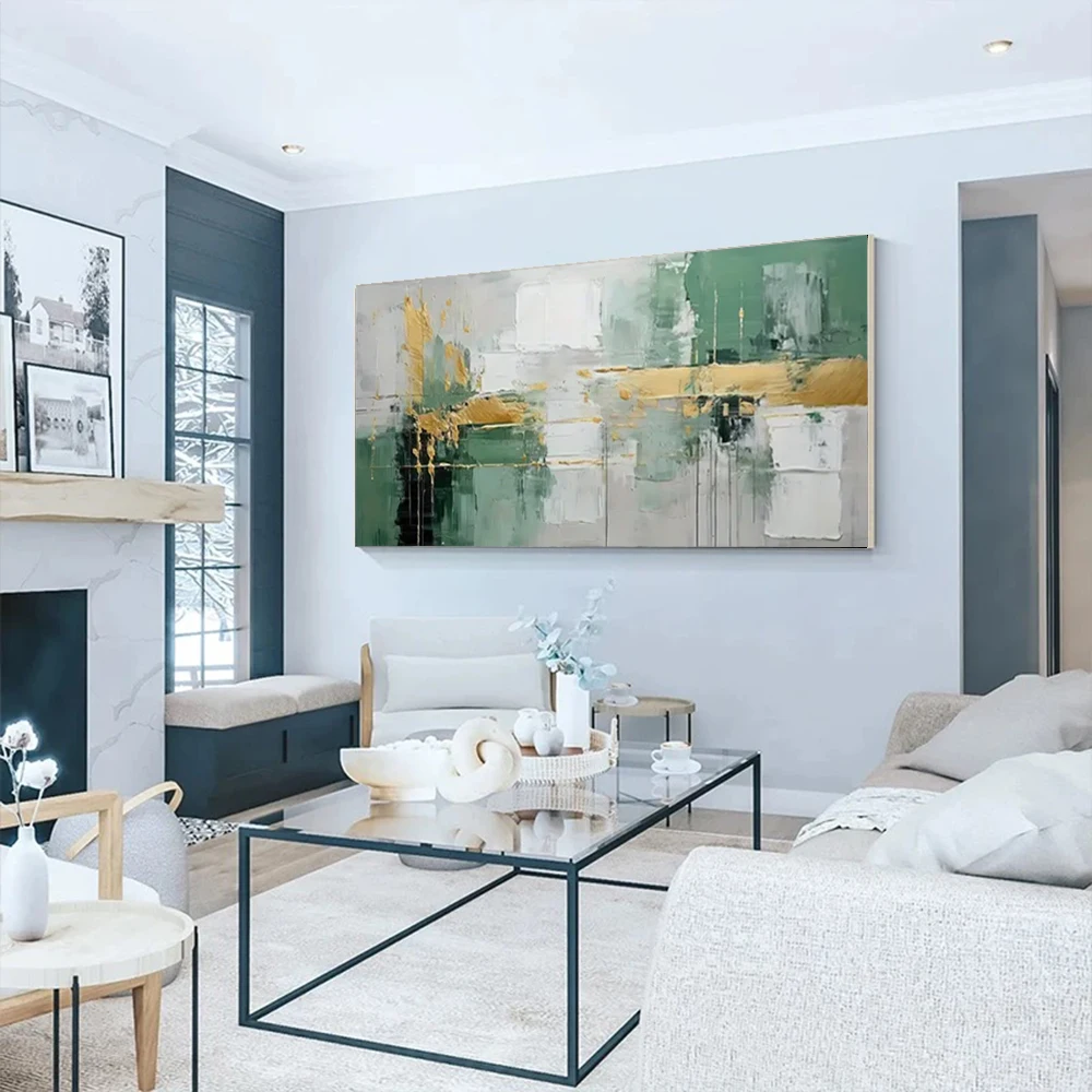 Handpainted Beautiful Oil Painting Abstract Wall Painting On Canvas Large Modern Decor Artwork Golden And Blue Outline Lake View