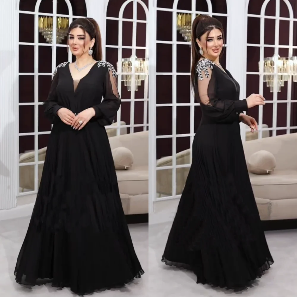 

Customized Chiffon Sequined V-neck A-line Black Long Dresses Bespoke Occasion Classic Formal Prom Party Gown Elegant
