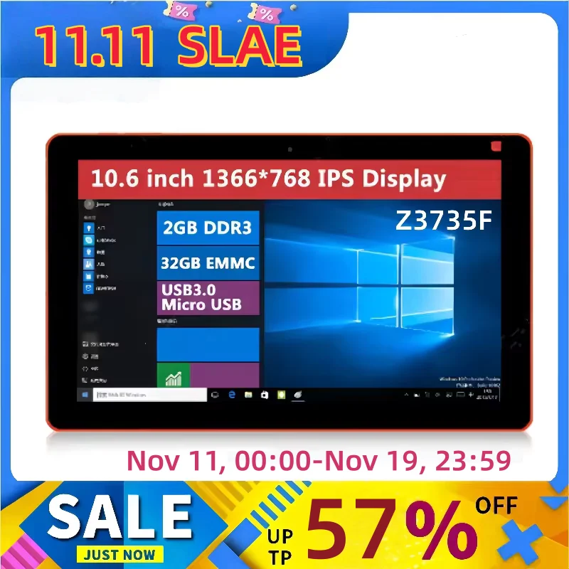 คุณภาพสูง 32Bits 10.6 นิ้ว Windows 10 แท็บเล็ต Z3735F Quad Core 2GB RAM 32GB ROM 1366x768 IPS Dual กล้อง USB 3.0 6600mAh