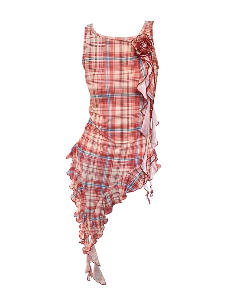 Heiße Mädchen Retro drei dimensionale Rose unregelmäßige Leibchen Kleider Frauen Sommer ärmellose Pilz Kanten Plaid kurze schlanke Kleid