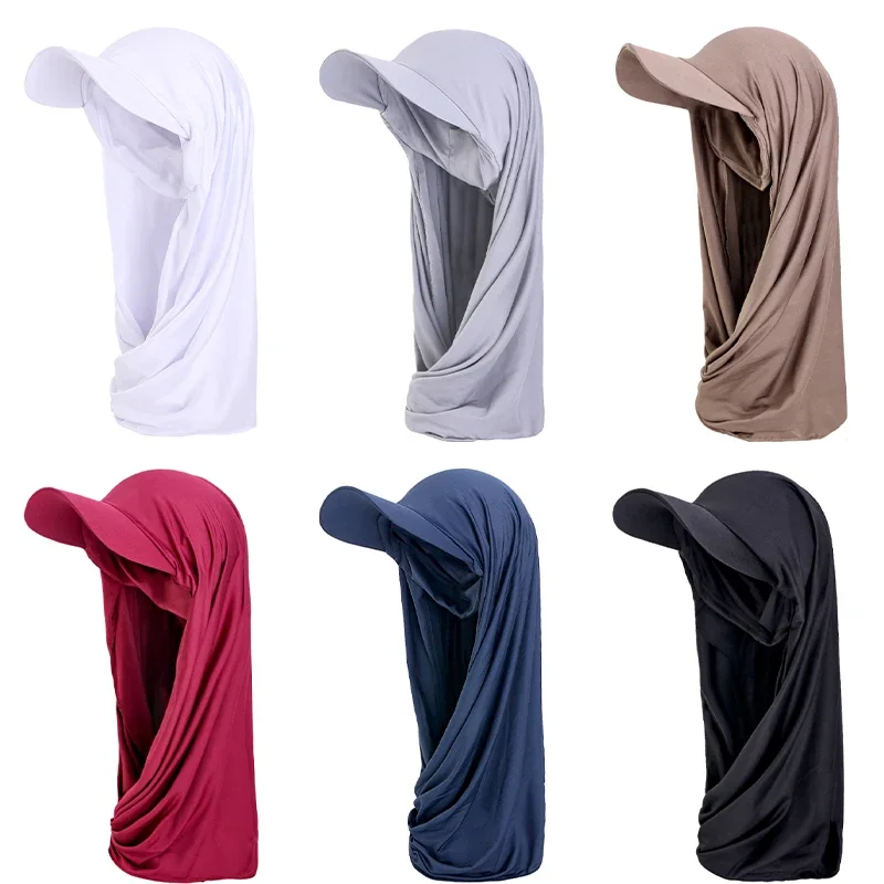 1pc New Stylish Chiffon Baseball Hat Hijab Solid Color Sports Head Wrap Casual Sunscreen Breathable Soft Instant Hijab