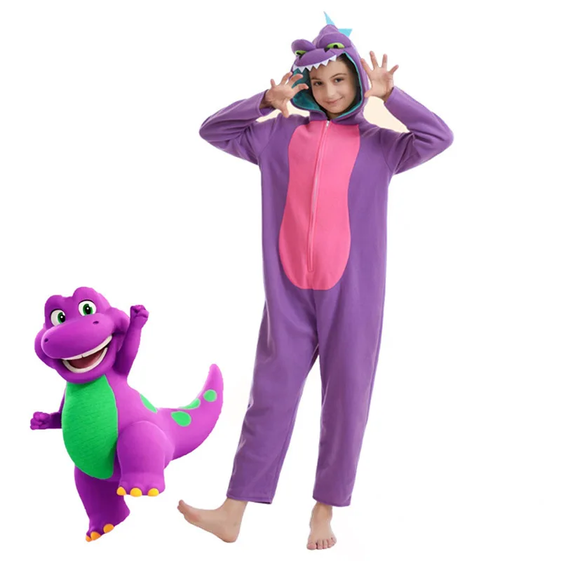 2025 Kids Purple Dinosaur Onesie Cartoon Animal Jurassic World Hooded Pyjamas Kids Barney Halloween Costume Jumpsuit for Girls