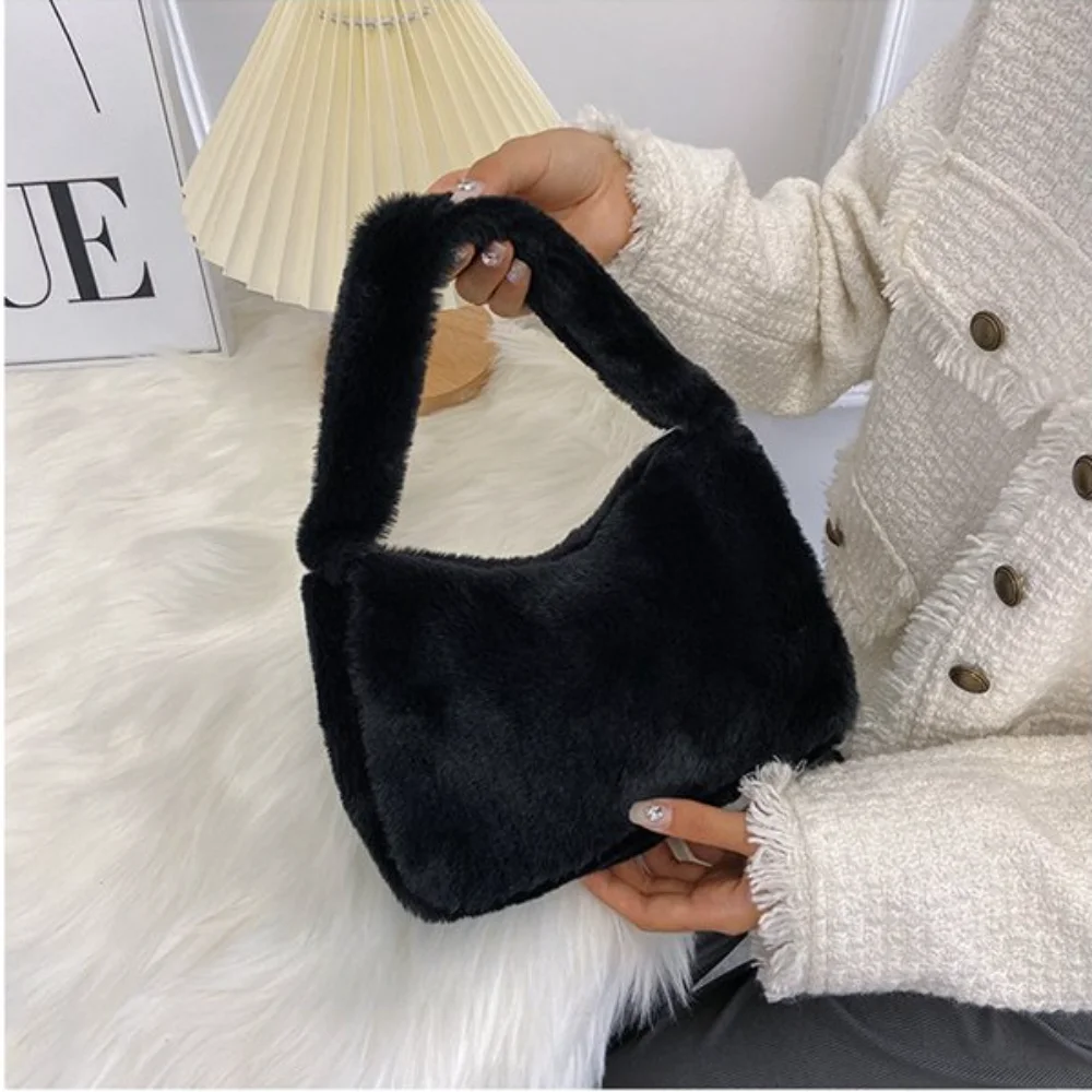 ISKYBOB Women\'s Soft Plush Shoulder Bag Winter Fashion Casual Solid Color Leopard Pattern Underarm Bag Female Handbags Tote Bag