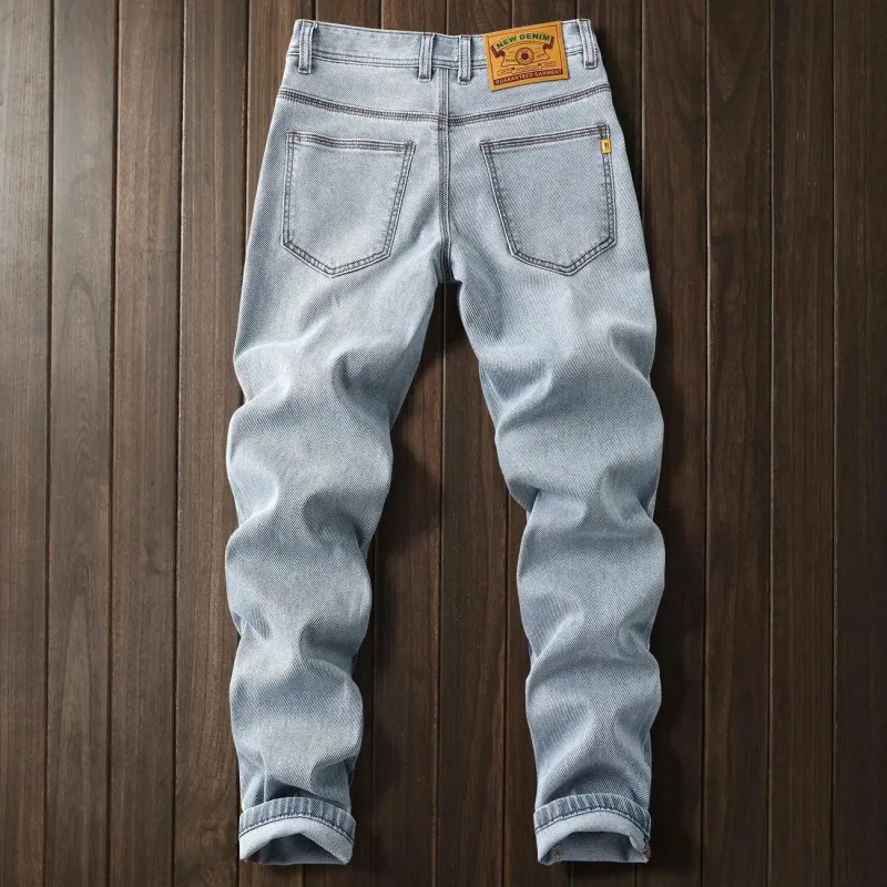 2026 New Spring Summer American Vintage Style Straight Jeans For Men High Quality Light Blue Slim Fit Fashionable Concise Style