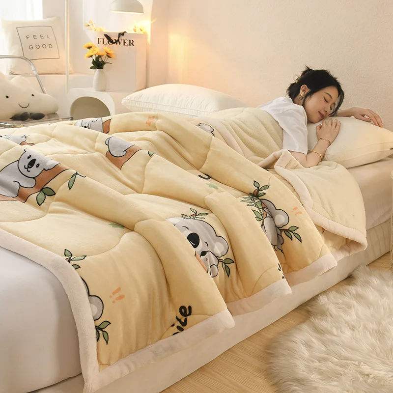

Winter Cartoon Printed Lamb Wool Blanket Thick and Warm Coral Fleece Blanket for Office Napping Fluffy Soft Plush Bedspread