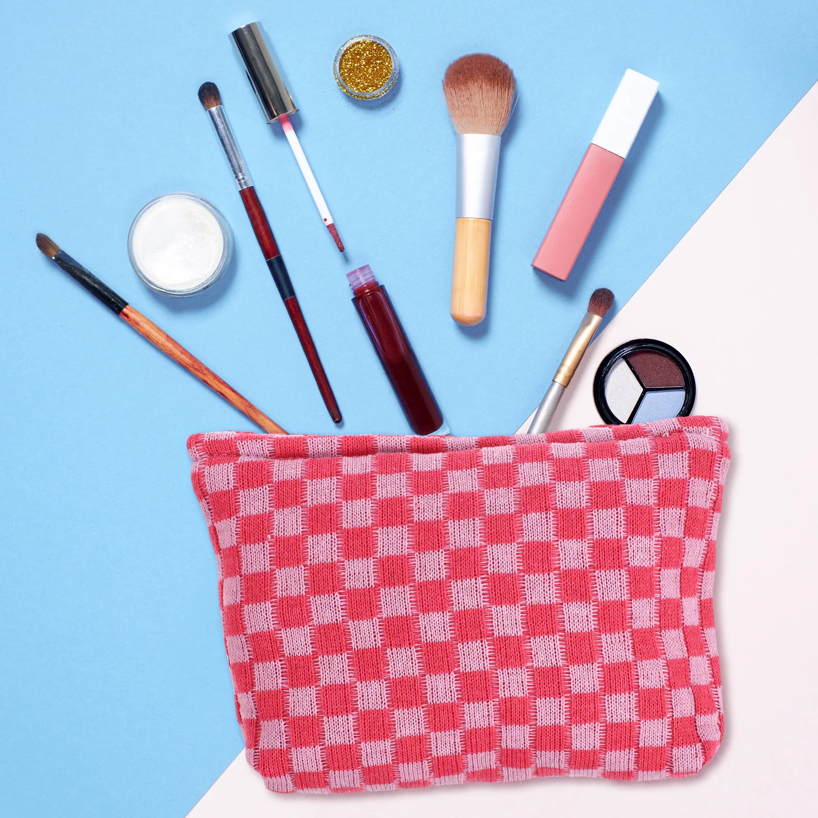 2-teiliges kariertes Make-up-Organizer-Taschen-Set mit großer Kapazität für die Aufbewahrung von Reise-Make-up-Taschen für den täglichen Gebrauch, kariertes Federmäppchen