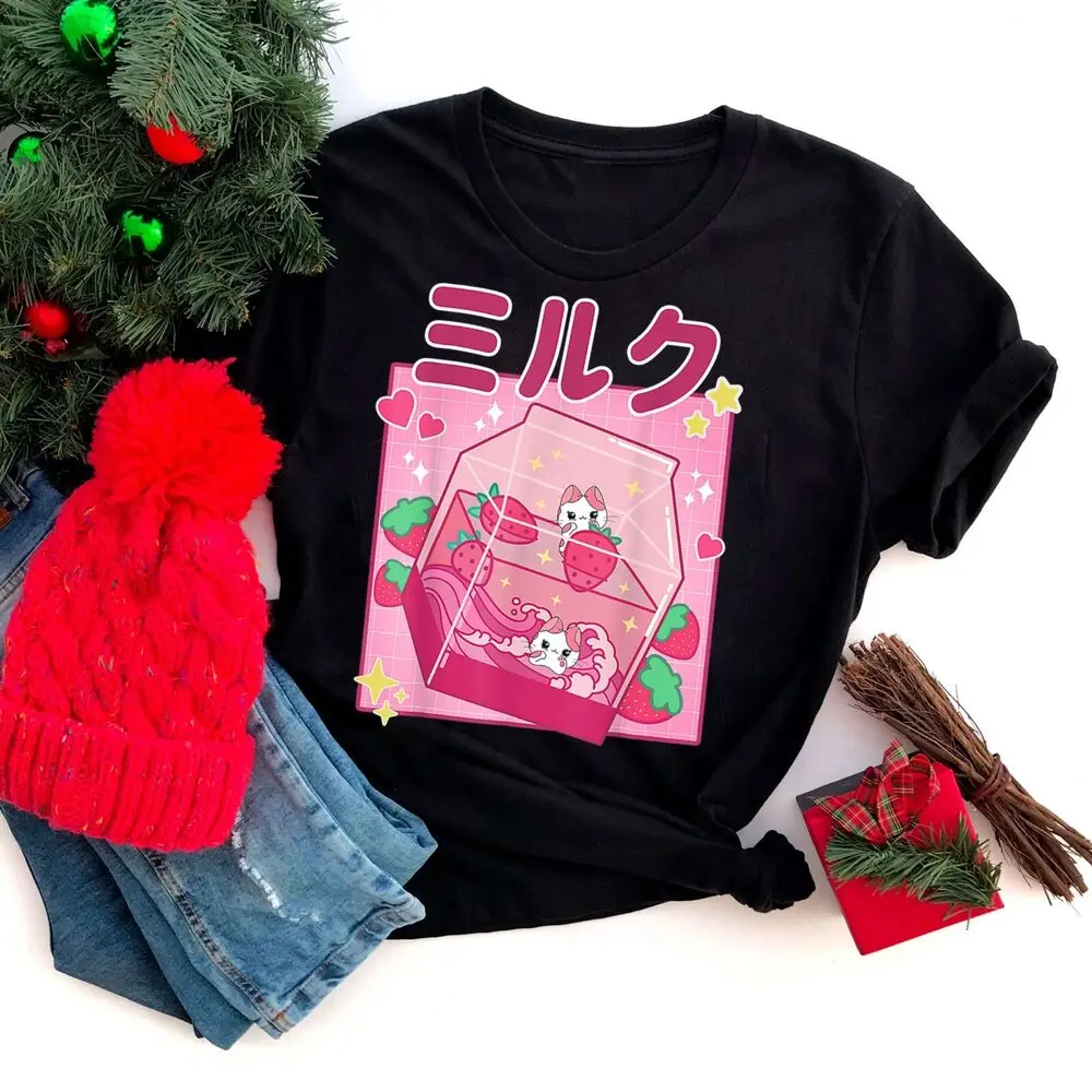 Funny Retro 90s Strawberry Milkshake Carton Kawaii Anime Cat T-Shirt New Fashion Top Tees