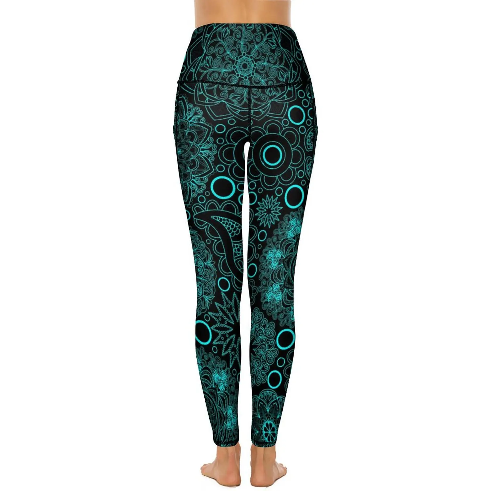 Boho Paisley Yoga Pants Pockets Blue Mandala Leggings Sexy High Waist Novelty Yoga Sports Tights Stretch Workout Gym Leggins