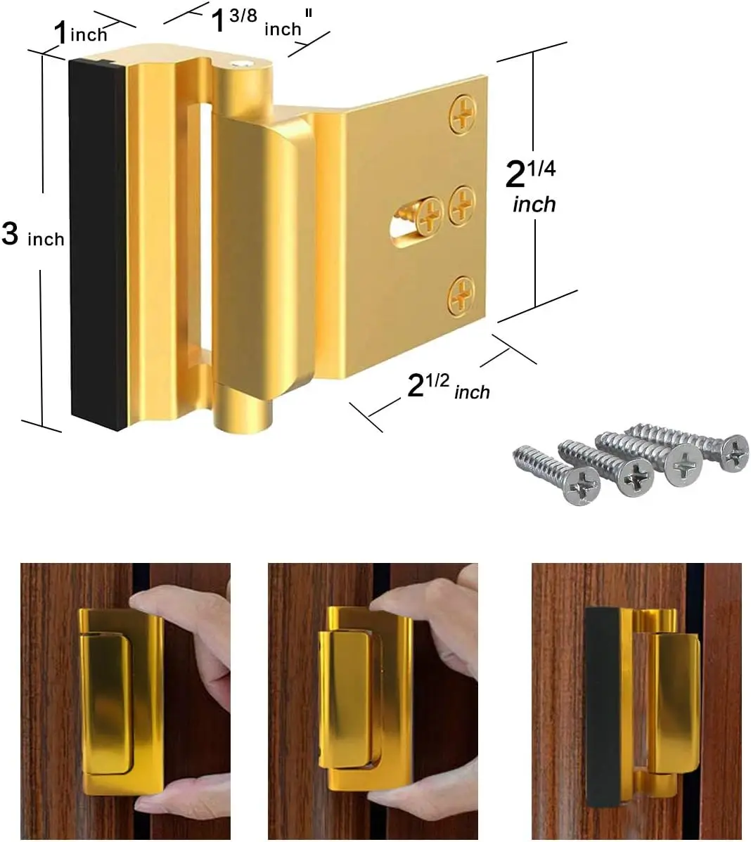 Door Reinforcement Locks Home Security Door Lock for Toddler Childproof Door Lock Night Lock Withstand 800 Lbs Gold