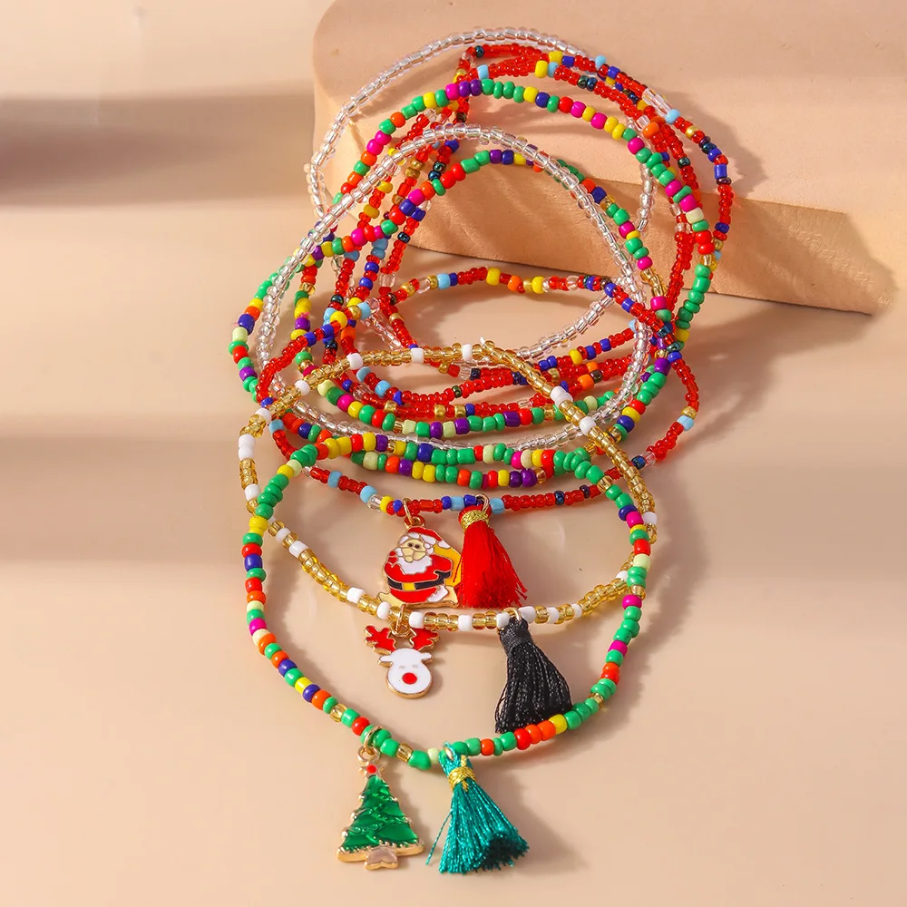 Aihua 10 Stück Handgefertigte Perlen-Weihnachts-Fußkettchen für Frauen, Schneemann, Baum, Weihnachtsmann, Fußkettchen für Bein und Fuß, Neujahrs-Schmuck – Detail 3