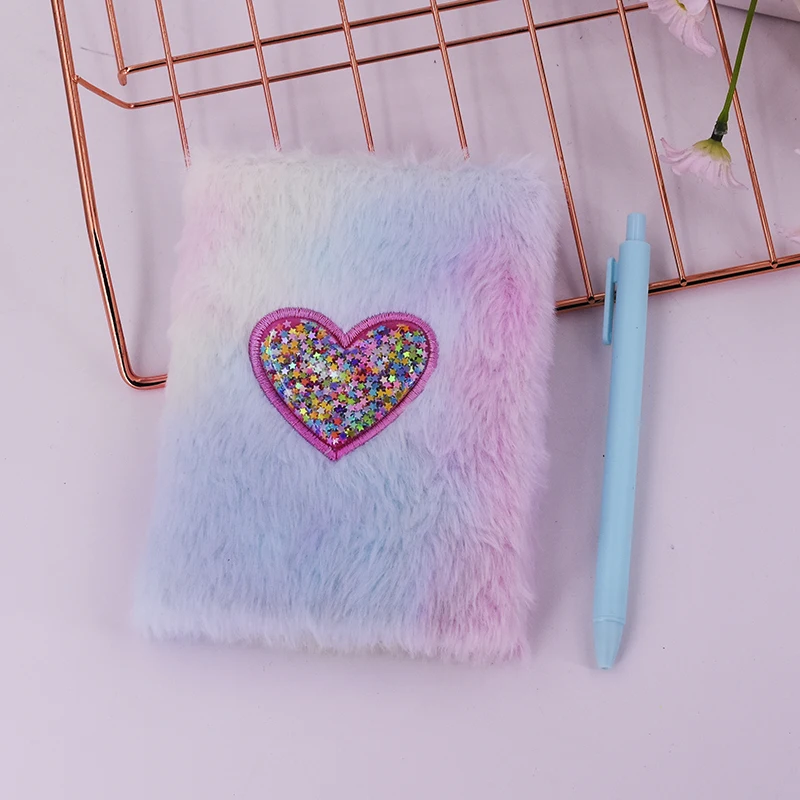 2pcs Plush Notebook with Lock and Pen，Furry Diary School Stationery for Girls Kids