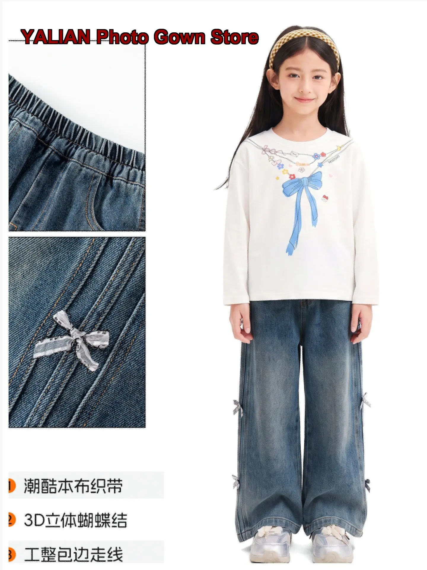 Royal Kids Girls Denim Long Pants Autumn Bowknot Decorated Beautiful Loose Older Kids