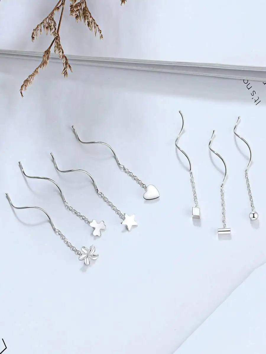 

S925 Sterling Silver Curved Belly Button Ring With Rhinestone-Set Star, Heart, Clover, Flower, Cube, Ball On Wavy Chain Tassel