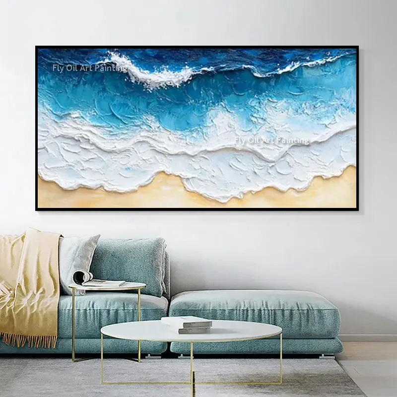 New Design Handmade Oil Artwork, Horizontal Ocean Shore Canvas Painting, Textured Coastal Home Wall Decor