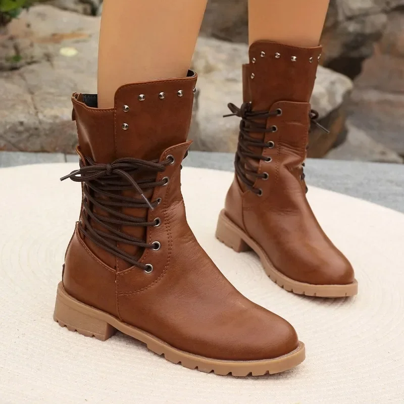 Female Shoes on Sale 2024 High Quality Zipper Women's Boots Winter Round Toe Solid Middle Tube Chunky Heels Large Size Boots