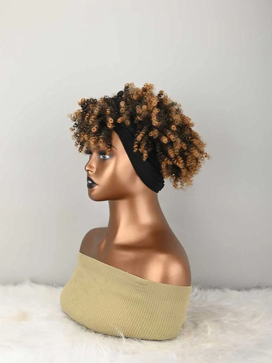 Headband Wig Curly Headband Wig With Bangs For Women Synthetic Afro Curly Hair Wig With Headband Attached Short Kinky