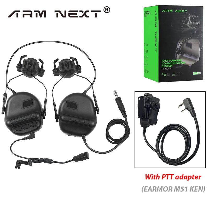 ARM NEXT F20 Tactical Headset & PTT Adapter Set Suitable for KENWOOD Radio Communication Shooting Noise Clearance Earmuff