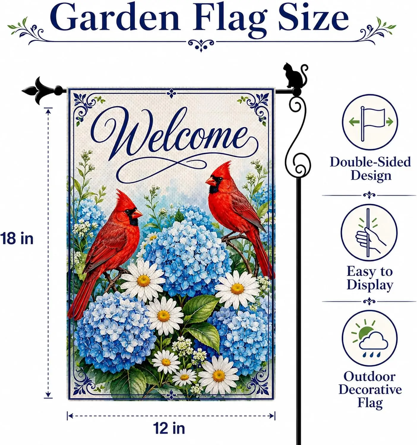 Welcome Cardinal Hydrangea Garden Flag, Double Sided 12 x 18 Inch Burlap Outdoor Yard Flag for Porch Patio Lawn Decor kkz
