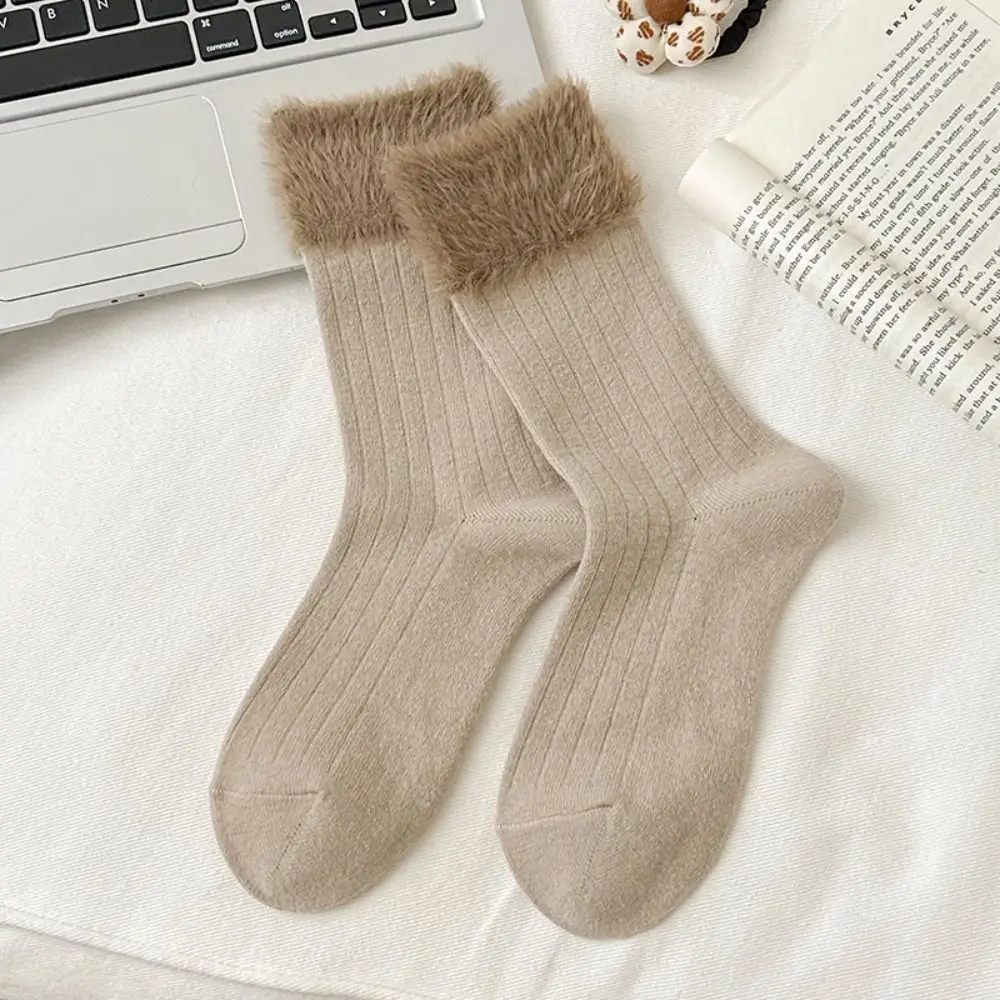 5Pairs Streetwear Y2K Furry Lolita Socks Stripe Plush Edge Winter Socks Women All Match Hosiery Mid-Calf Tube Sock Winter