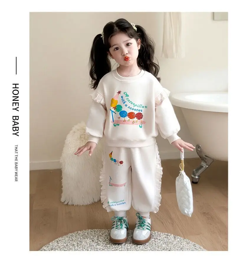 1-8 Jahre Kinder Mädchen Beige Hosen-Sets Cartoon-Muster Langarm Lose Geraffte Pullover-Hoodies + Elastische Taille Weite Hosen 2-teilige Sets – Detail 18