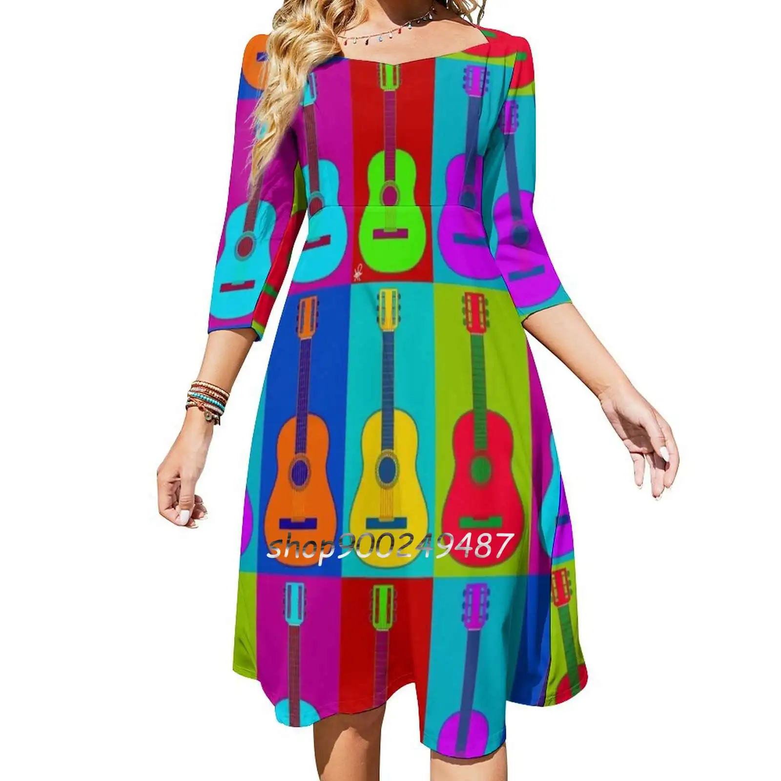 Guitarhol Sweet Elegant Dress Women Korean Kawaii Square Collar Dress Guitar Music Pop Art Warhol Andy Rainbow Tuning Pegs