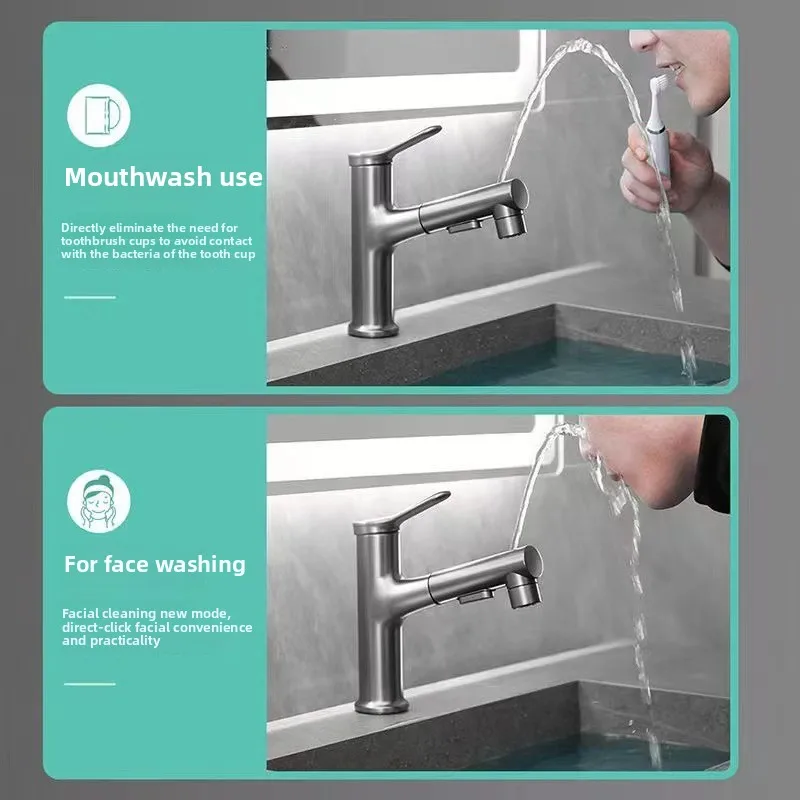 All Copper Gun Gray Bathroom Faucet Commercial Hot and Cold Household Multi-function Drawer Faucet