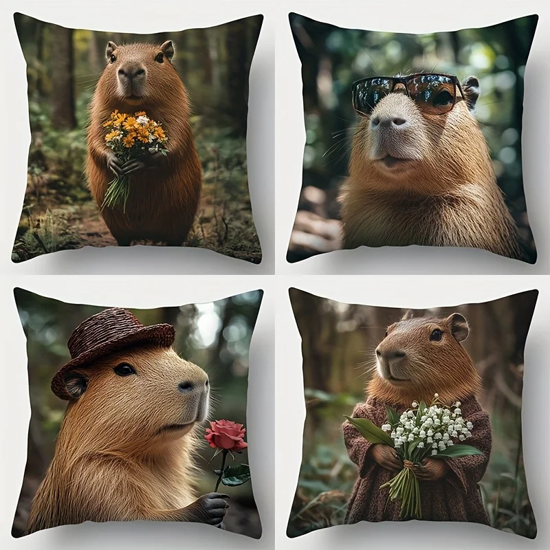 4-Piece Capybara Printed Pillowcase Set – Featuring Stylish Glasses, Capybaras & Forest Scenes
