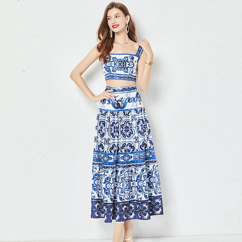 

Summer Runway Vacation Blue And White Porcelain Two Piece Set Women Flower Print Short Tank Top + Holiday Beach Maxi Skirt Suit