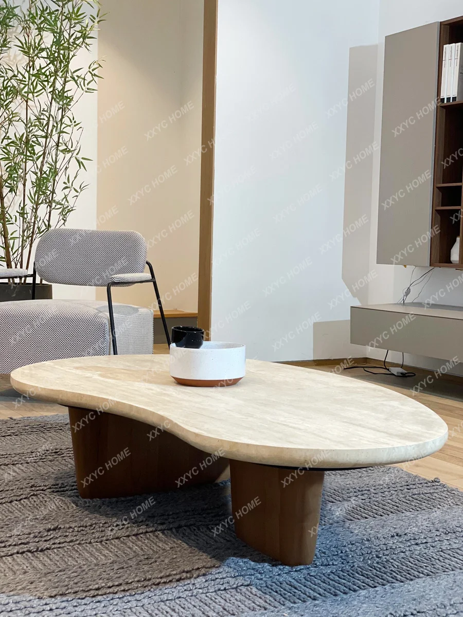 X36  Wind Natural Travertine Coffee Table Solid Wood Medieval Small Apartment Special-shaped Tea Table
