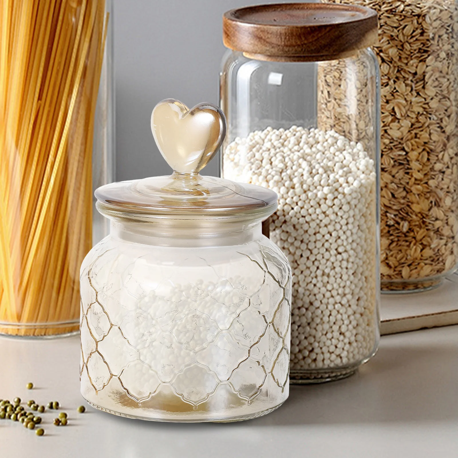 Glass Sealing Snack Storage Jar with Lid Heart Lid Glass Container for Dried Fruit Candy Nuts Herbal Tea Storage