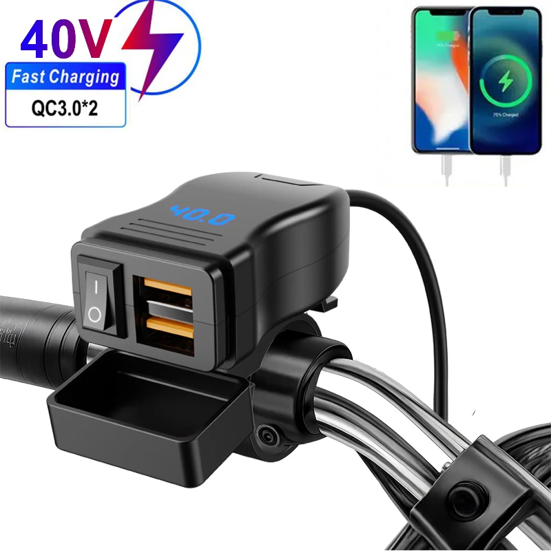 12-40V Motorcycle Fast Charger Waterproof Dual USB PortS Socket Connector with Voltmeter Display Dual QC Motor Adaptors