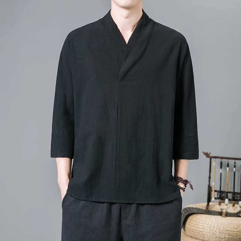 Hemp เสื้อผู้ชาย2023บุรุษฤดูใบไม้ผลิแขนยาว V-Neck เสื้อผู้ชาย Pure Slim Fit สไตล์จีนผ้าลินินชายเสื้อเสื้อลำลอง