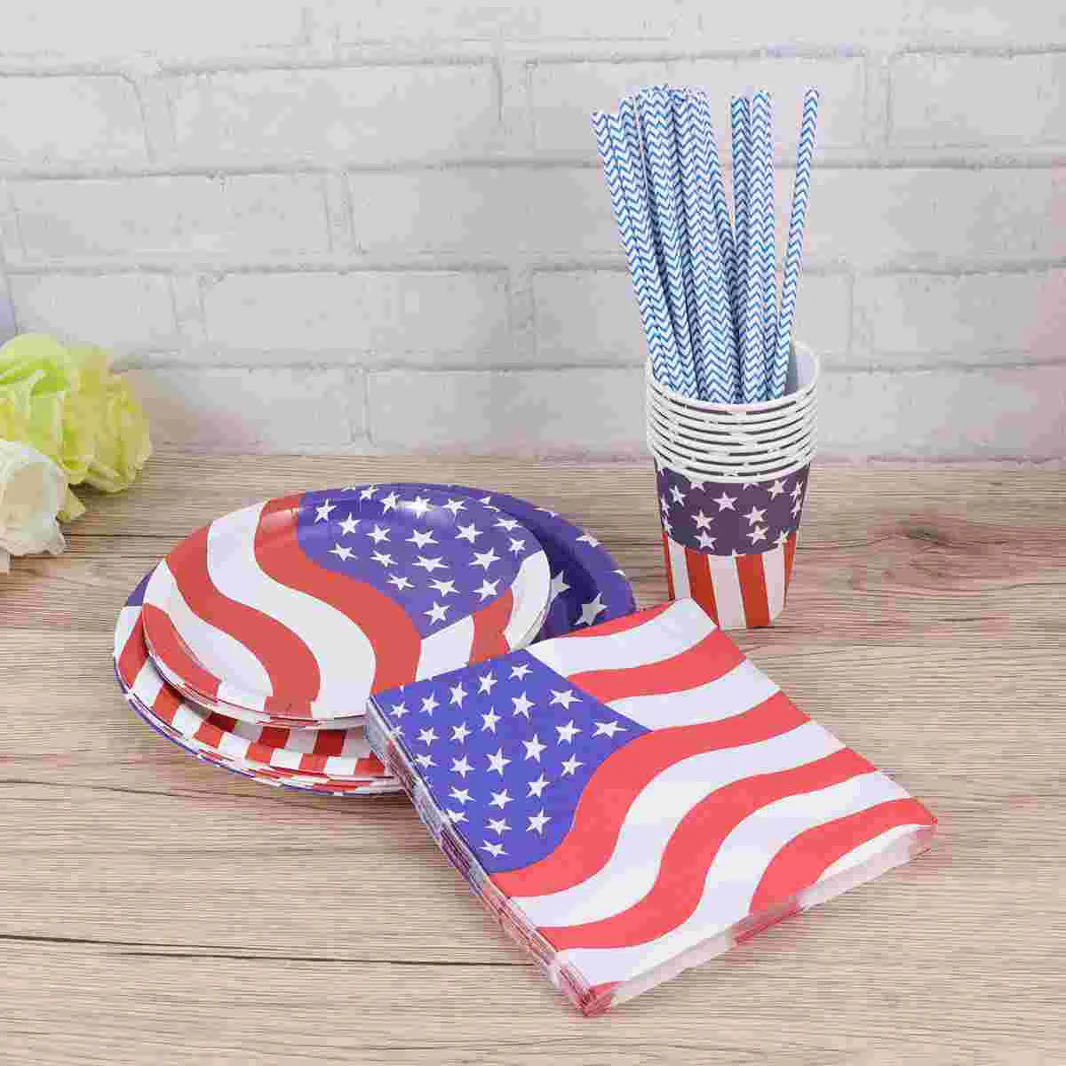 69pcs American Flag Paper Plate Water Cup Napkin Straw Party Set for Independence Day Birthday Festival Party Banquet