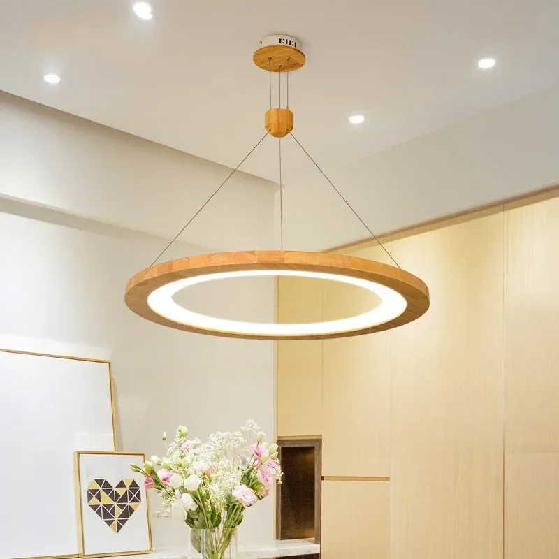 

Dining Hall Chandelier Modern Style Living Room Lamp Solid Wood Circular Led Bedroom Lamp Woodwork Nordic Room Lamps