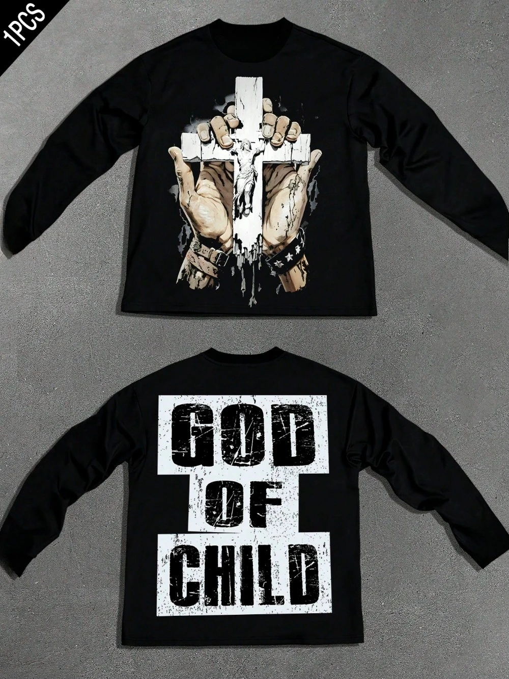 

Men's Cross Print Crew Neck Long Sleeve Casual Pullover Top, Men's Printed Top, Casual and Comfortable Long Sleeve Top