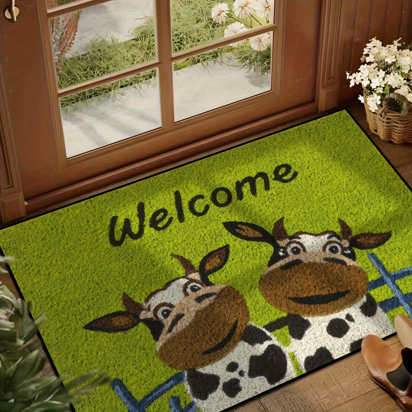 VIKAMA Small Chrysanthemum Carpet Cow Green Doormat Welcome Mat Outdoor Carpet Rug For Bedroom Living Room Carpet Washable Home view 4