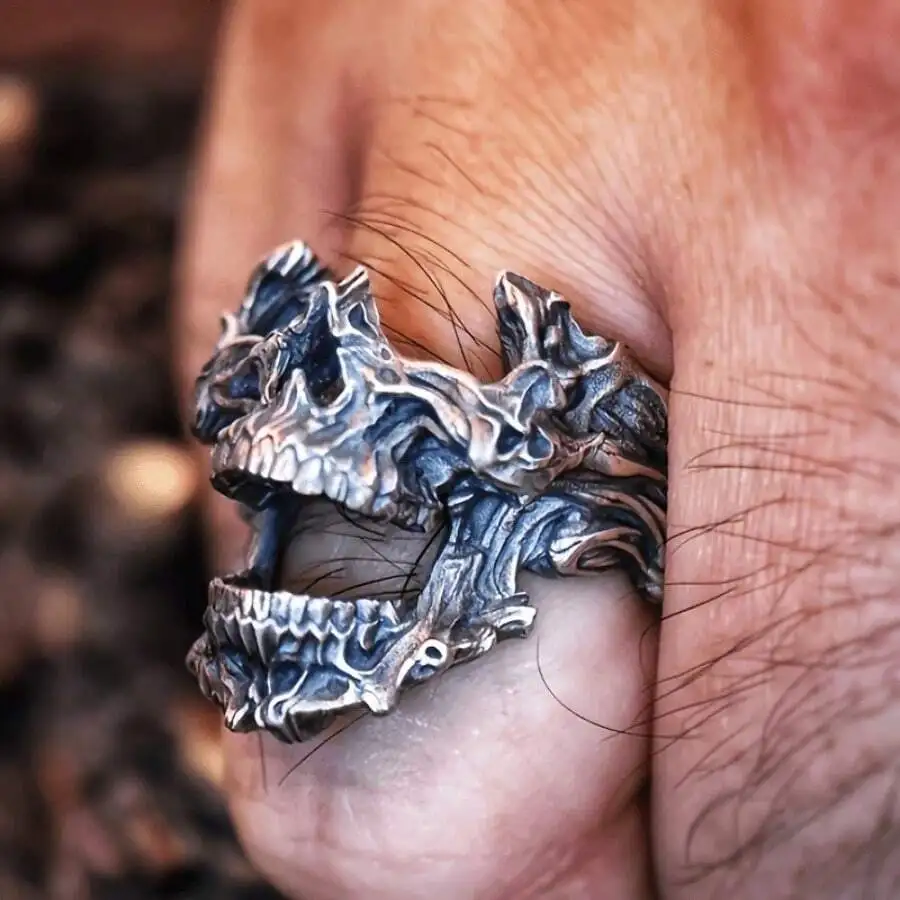 Vintage Gothic Death Skull Mask Ring Irregular Mouth Opening Demon Index Finger Ring Adjustable Opening Ring view 2