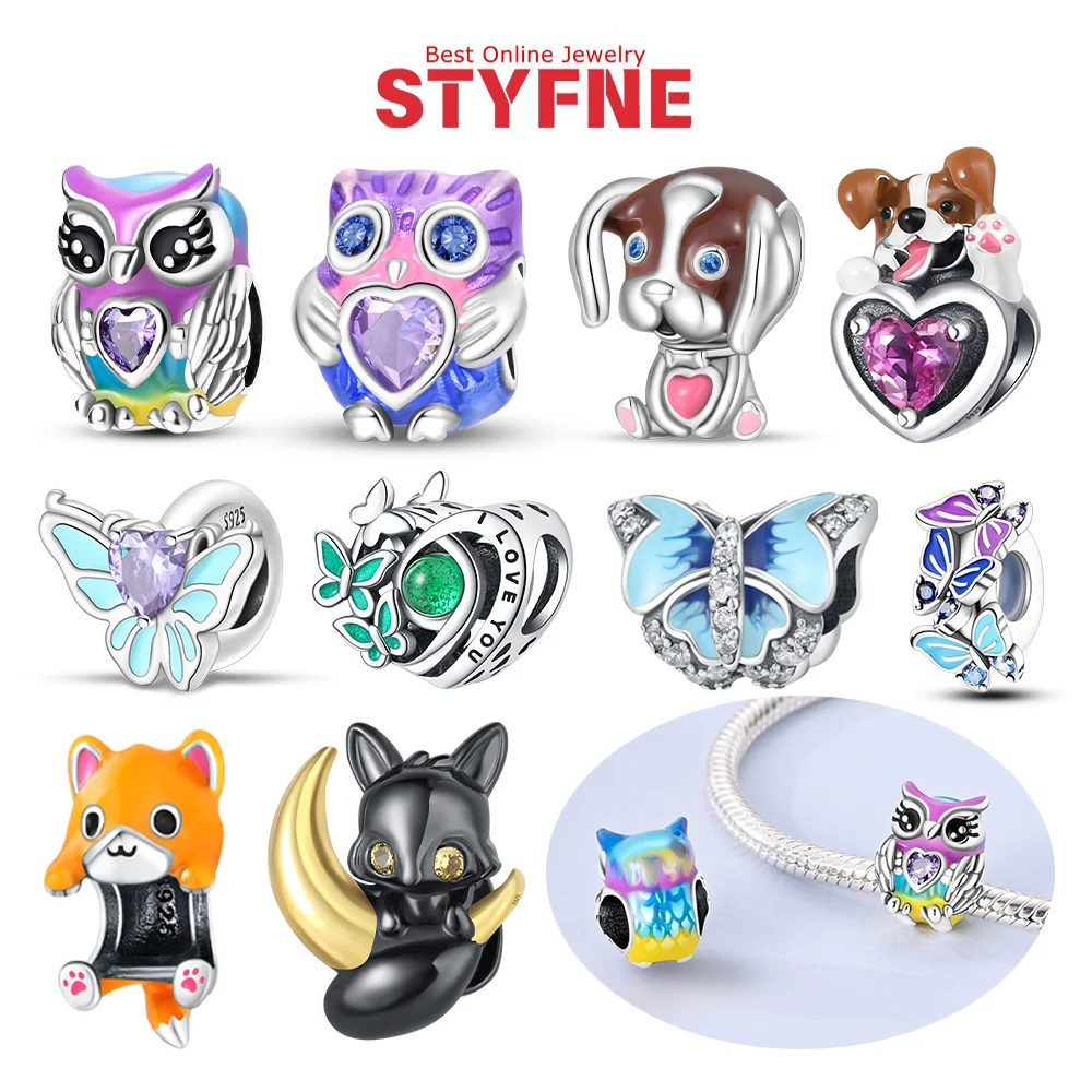

Charms 925 Sterling Silver Original Certified Blue Butterfly Owl Love Puppy Fox Beads Fit Bracelet Women Jewelry Making DIY Gift