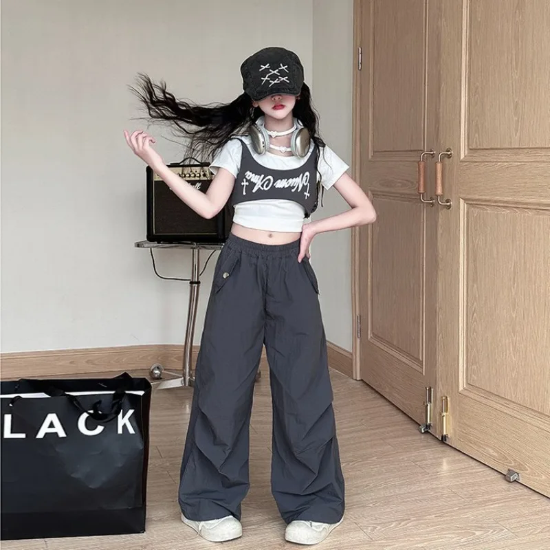 UNITIM Summer Kids Girls Outfits Thin Love Children Girls Short Sleeves Suits Hpop Letter Spliced Junior Girls Sports Pants Set