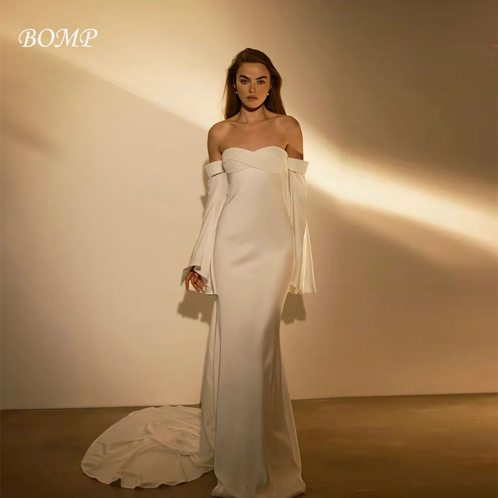 

BOMP Elegant Pleat Wedding Party Dress Off Shoulder Full Sleeves Mermaid Sweep Train Ivory Satin Formal Evening Gown Customzied