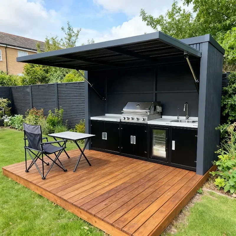 Customized Multi-Function Foldable Outdoor Backyard Bbq Kitchen with Electric Folding Top and Built-In Appliances