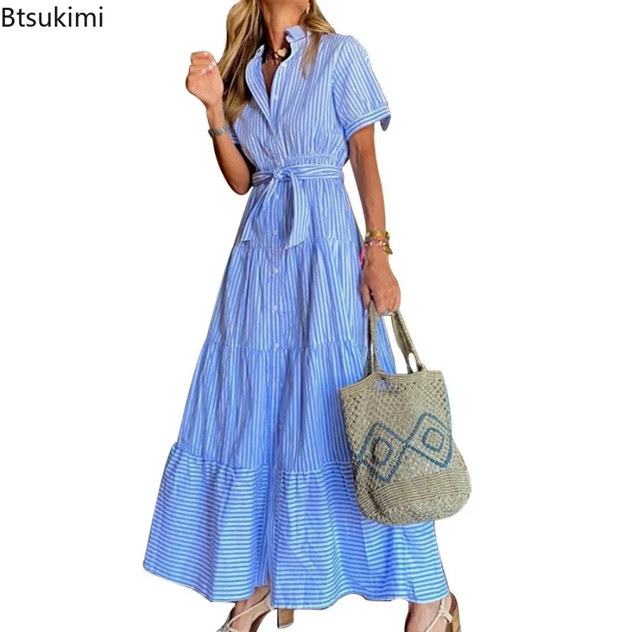 New 2024 Office Ladies Striped Long Dress Summer Fashion Lapel Single Breasted Shirt Dress Woman Waist Lace-up Elegant Sundress