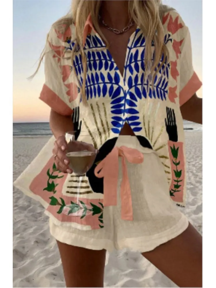 

Summer New Women's Lapel 3d Digital Print Short-sleeved Shirt Comfortable Two-piece Set Loose Fresh Lazy Casual Style Set