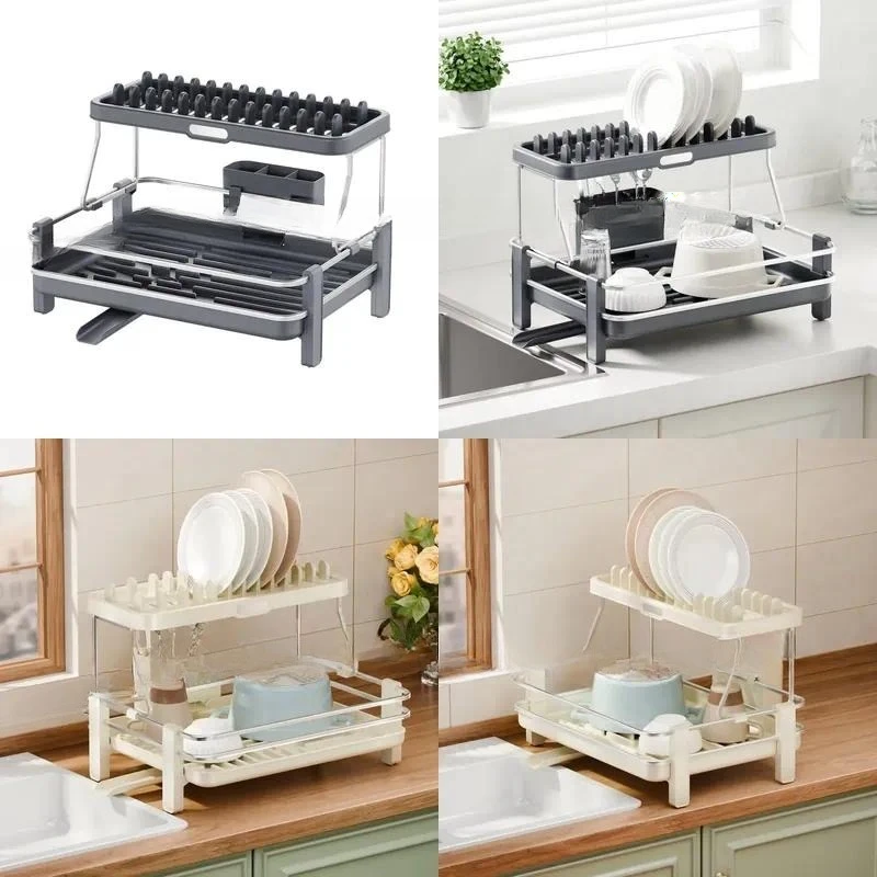 Removable 2 Layer Aluminum Cutlery Rack Rust Proof Large Capacity Dish Drying Rack with 13 Plate Slots and Automatic Drainage