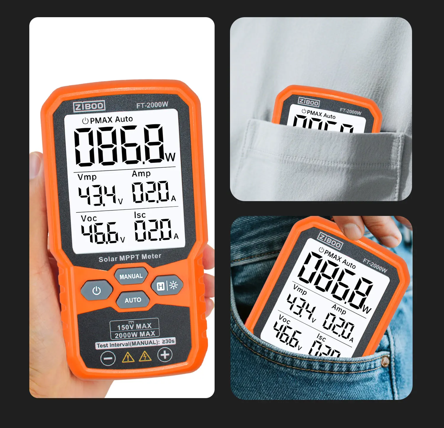 ZIBOO FT-2000W Solarpanel-Tester, MPPT-Messgerät, offener Stromkreis, Spannung und Kurzschluss, mit Hintergrundbeleuchtung und Datenspeicherung, FT-1000 W. – Detail 6